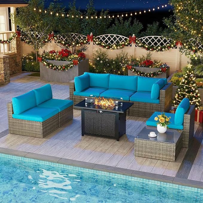 8 Pieces Outdoor Patio Furniture Set with 43" Fire Pit Table, Wicker Outdoor Patio Sectional Sofas Coffee Table, All-Weather Patio Conversation Set with Cushions for Garden Backyard, Light Blue