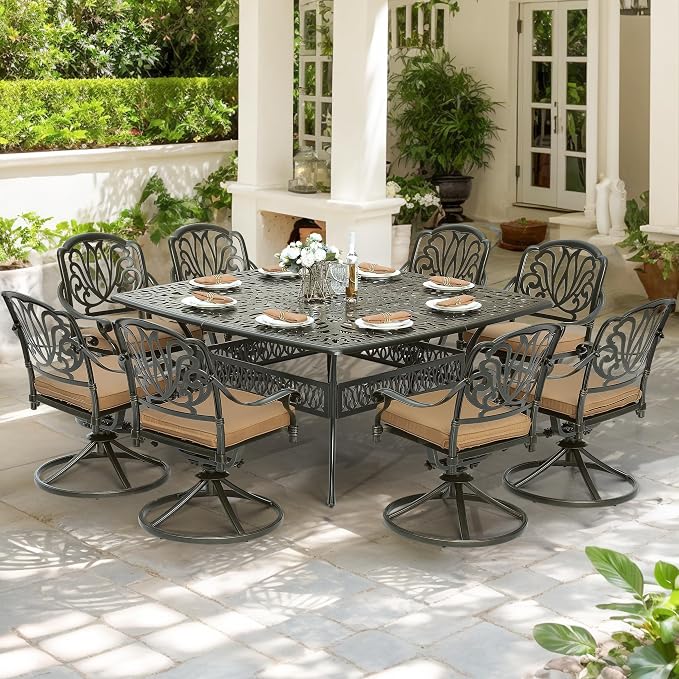 9-Piece Patio Cast Aluminum Dining Set, Outdoor Dining Furniture Set for 8 Person, Includes 64" Square Table and 8 Swivel Rocker Chairs with Umbrella Hole for Patio Deck Garden, Tan