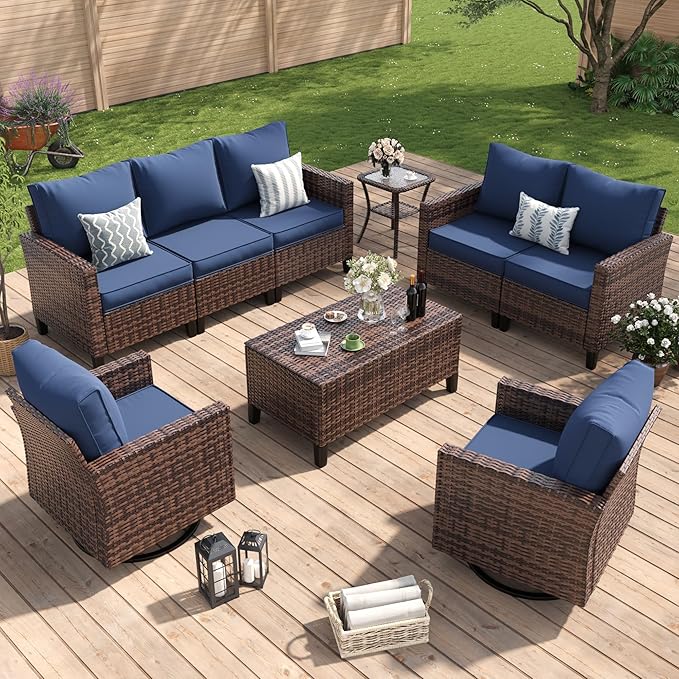 Amopatio Patio Furniture Set, 6-Piece Wicker Outdoor Sectional Sofa with Swivel Rocker Chairs, Rattan Conversation Set with Storage Coffee Table and Waterproof Cover for Backyard Brown/Navy