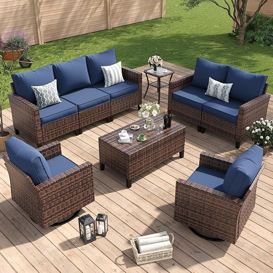 Amopatio Patio Furniture Set, Wicker Outdoor Sectional Sofa with Swivel Rocker Chairs, All-Weather Rattan Conversation Set, Storage Coffee Table, Waterproof Cover for Backyard, Deck Brown/Navy 6 PCS