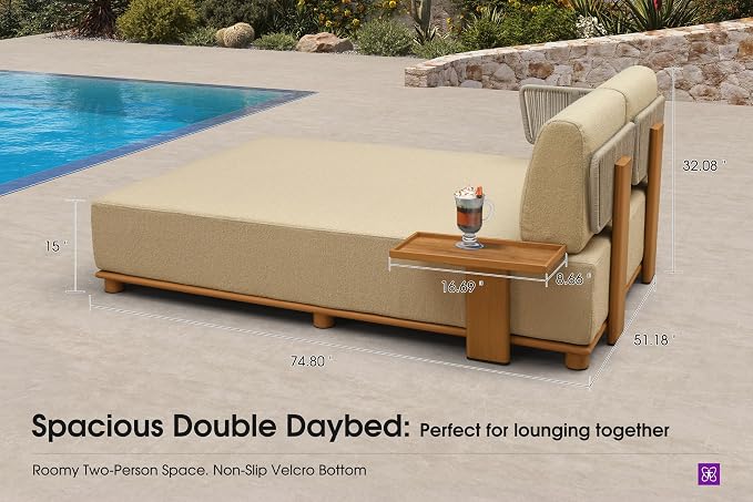 PURPLE LEAF Patio Furniture Set L-Shaped Outdoor Sectional Sofa with 11" Thick Cushion 5-Piece Outdoor Conversation Set w/Daybed & Coffee Lights for Backyard Poolside Ottoman & Table Included, Beige