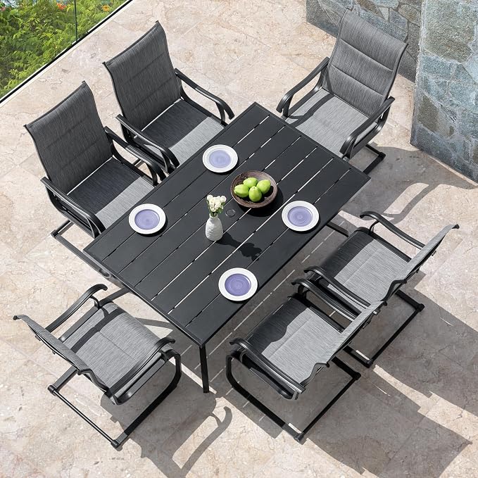 NUU GARDEN 7-Piece Outdoor Dining Set, 61" Rectangular Table with Umbrella Hole & 6 All-Weather Textilene Padded Chairs, for Patio Garden, Light Grey and Black