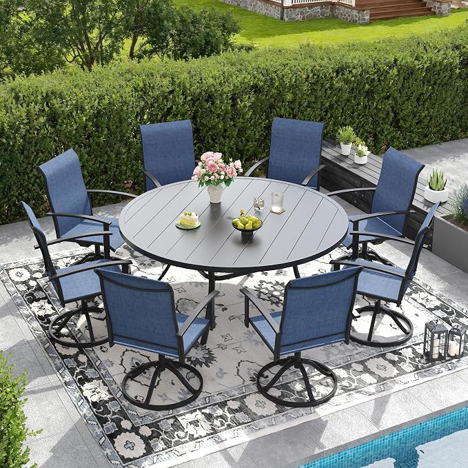 DIFY 9 Pieces Outdoor Dining Set for 8, 60" Black Round Metal Table with Umbrella Hole and Blue Textilene Swivel Patio Chairs, Patio Table and Chairs Set for Garden, Backyard, Poolside