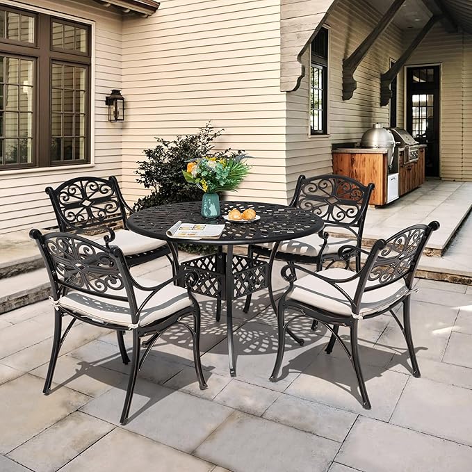 NUU GARDEN 5 Piece Cast Aluminum Outdoor Patio Dining Set, Round Patio Dining Table with 2.24" Umbrella Hole and 4 Patio Dining Chairs with Cushions for Garden, Balcony, Bronze and Beige