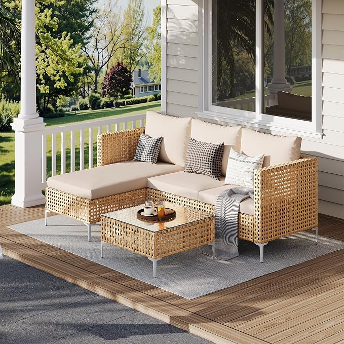 3 Pieces Small Patio Furniture Set,Wicker Chaise Longue Conversation Set, Rattan L-Shaped Sofa Couch with Coffee Table for Deck Porch Balcony and Garden