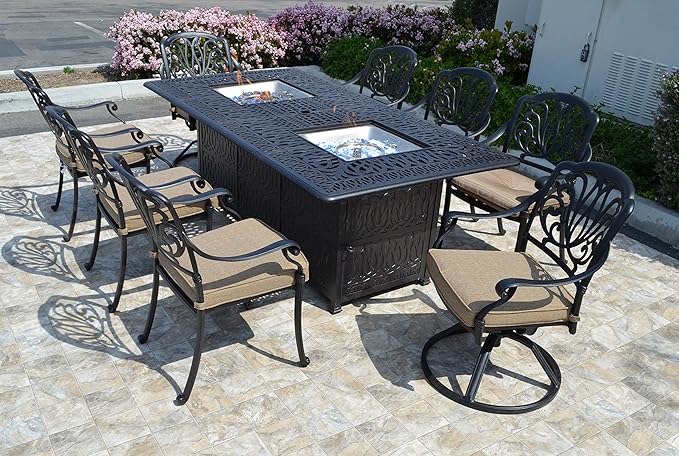 Elizabeth Cast Aluminum Powder Coated 9pc Dining Set with 44"x84" Propane Fire Pit Double Burner Dining Table - Antique Bronze