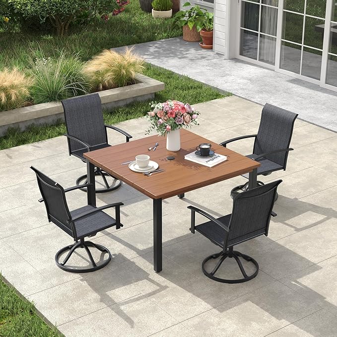 VICLLAX 5 Pieces Patio Dining Set, Patio Furniture Set of Metal Outdoor Table with Umbrella Hole and 4 Swivel Patio Chairs for Backyard Lawn, Charcoal & Walnut