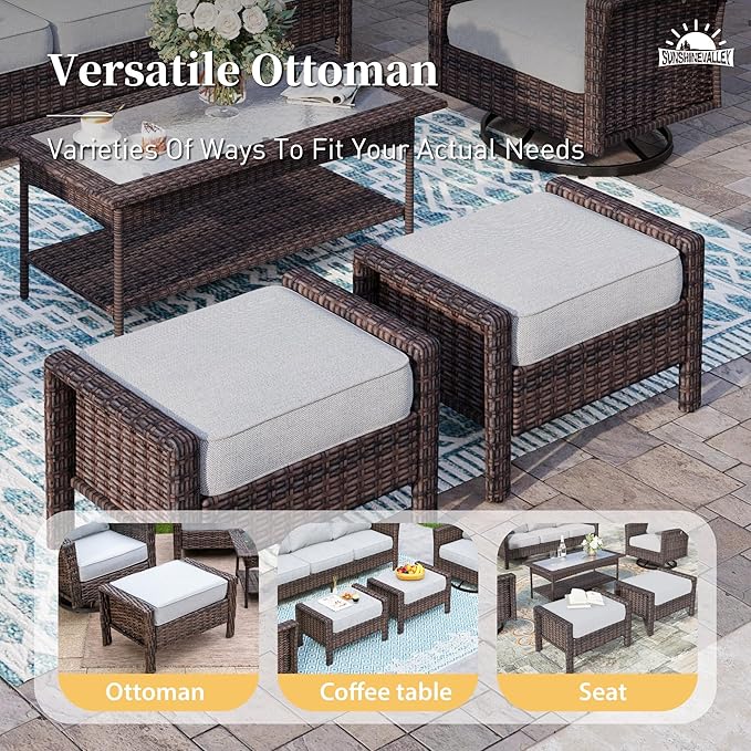 Patio Furniture Set with Swivel Chairs, High Back Wicker Rattan Set with 5.5" Thick Cushions, Fire Pit Table and Ottomans, All Weather Outdoor Conversation Set for Backyard Deck,7 Seats, Light Grey