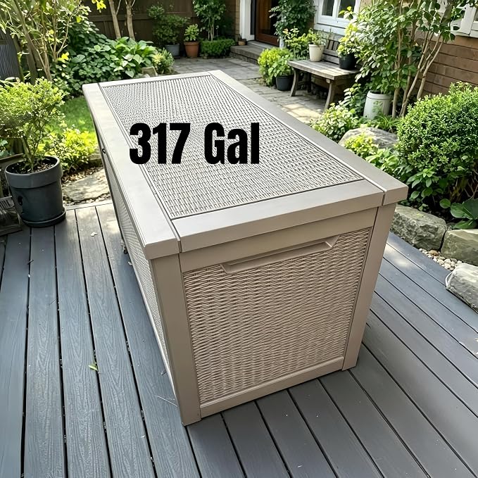 317 Gallon Large Resin Outdoor Storage Box, Waterproof Deck Box, Lockable Deck Container with Reinforced Support, Outdoor Chest for Patio Accessories, Outdoor Cushions, Garden Tools, Taupe Gray