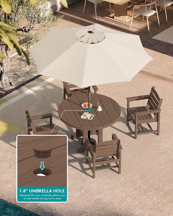 SERWALL 6-Piece Patio Dining Sets, HDPE Outdoor Table and Chairs Furniture Set with Umbrella, 45" Round Dining Table & 4 Dining Chairs & 1 9FT Umbrella, Brown(Not Include Umbrella Base)