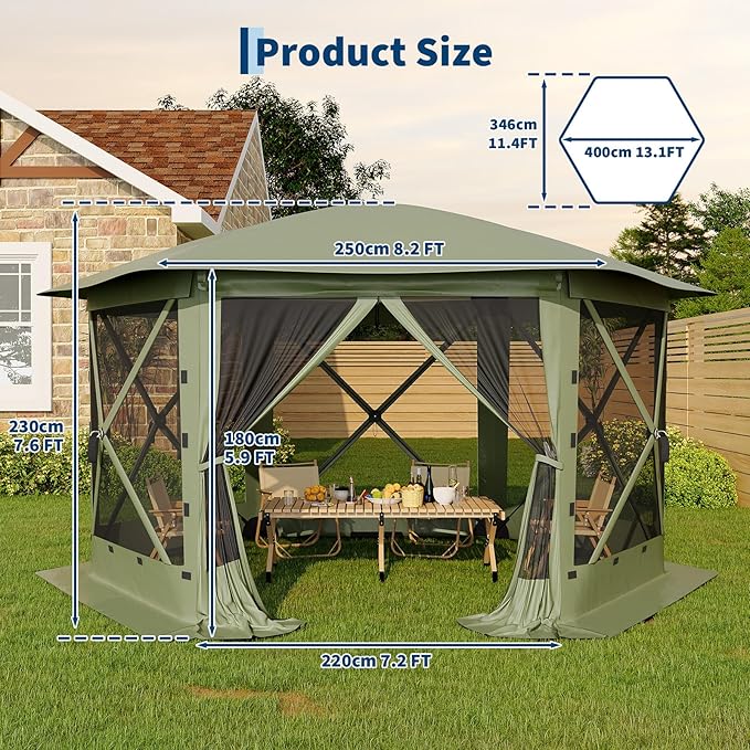 GarveeLife 13x13FT 6-Sided Pop Up Gazebo Tent，One-Push Setup Canopy Tent with Removable Canopy Top & Wind Cloths, Outdoor shelter for Camping, Backyard Parties, Outdoor Events - Army Green