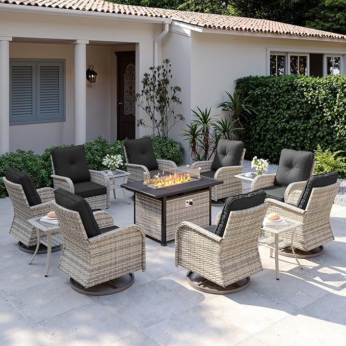13Pcs Patio Rocking Swivel Chair with 55,000 BTU Fire Pit Table Outdoor Wicker Rattan Bistro Set with Tempered Glass Side Table, Outdoor Patio Furniture Set for Garden and Balcony, Dark Grey