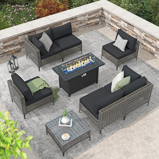 8-Piece Wicker Patio Furniture Set with Propane Fire Pit Table, Natural PE Rattan Outdoor Sectional Sofa with Water-Resistant Cushions, Wind Guard and Cover for Backyard Lounge Area(Black2)