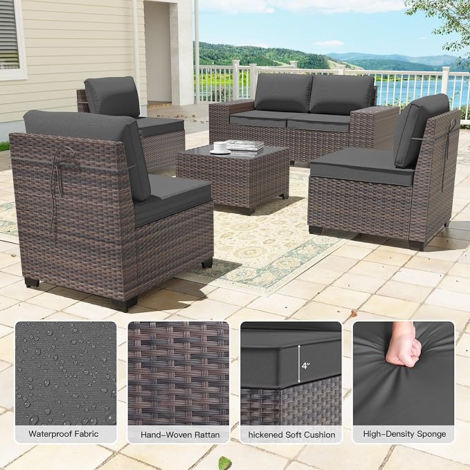 6 Pieces Patio Furniture Sets with Glass Tea Table,PE Rattan Wicker Patio Conversation Set with Washable Cushions,Outdoor Patio Sectional Furniture Set for Backyard, Poolside, Garden,Grey