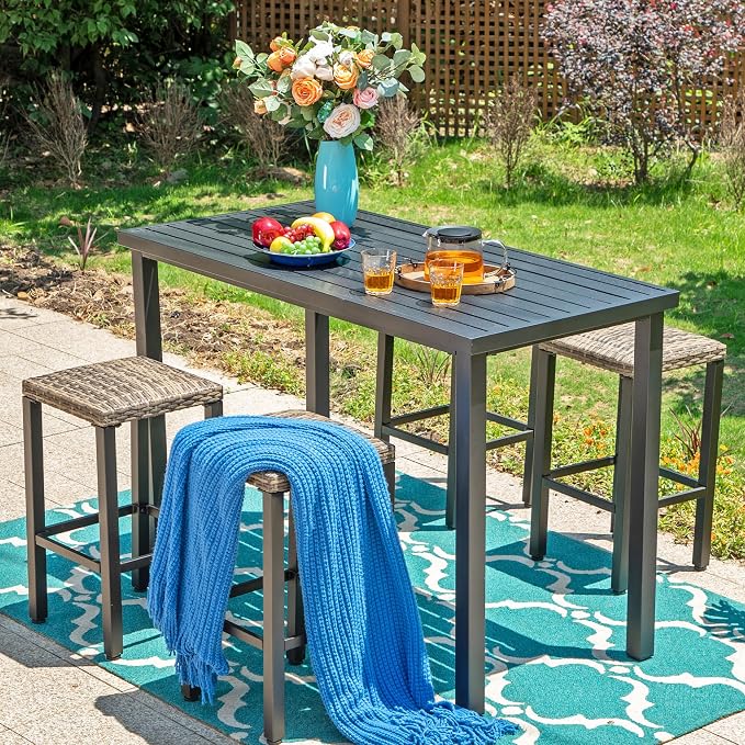 Sophia & William 5 Pieces Outdoor Patio Bar Set for 4, Patio High Dining Table and Chairs Set, Patio Bar Table and 4 Rattan Bar Stools, Outdoor Counter Height Bistro Set Furniture for Porch Lawn Yard