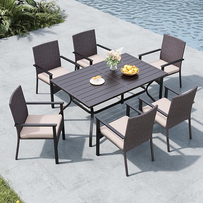 MFSTUDIO 7 Pieces Outdoor Dining Sets, Metal Rectangular Dining Table & 6 Cushioned Chairs, Wicker Patio Dining Furniture, All Weather Outdoor Furniture, E-Coated Frame, Rattan