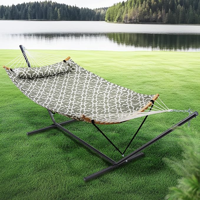 SUPERJARE Hammock with Stand, 2 Person Heavy Duty Hammock with Padded Cotton, Detachable Pillow & Strong Curved-Bar & Portable Carrying Bag, Perfect for Outdoor & Indoor, Grey with White Flower