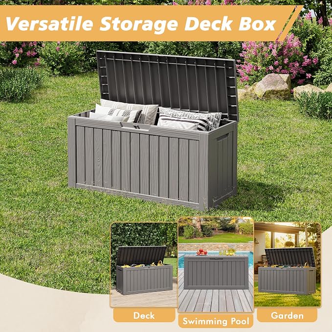Fancyango 75 Gallon Outdoor Deck Box Waterproof, Large Storage Box for Patio, Resin Storage Bench Lockable for Garden Tools, Package Delivery, Grey
