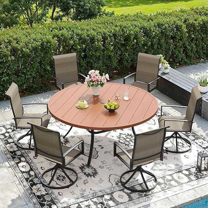 DIFY 7 Piece Outdoor Patio Dining Set for 6, 53" Walnut Round Metal Dining Table and Swivel Patio Chairs with Brown Padded Textilene, All-Weather Outdoor Furniture Set for Garden Backyard Porch