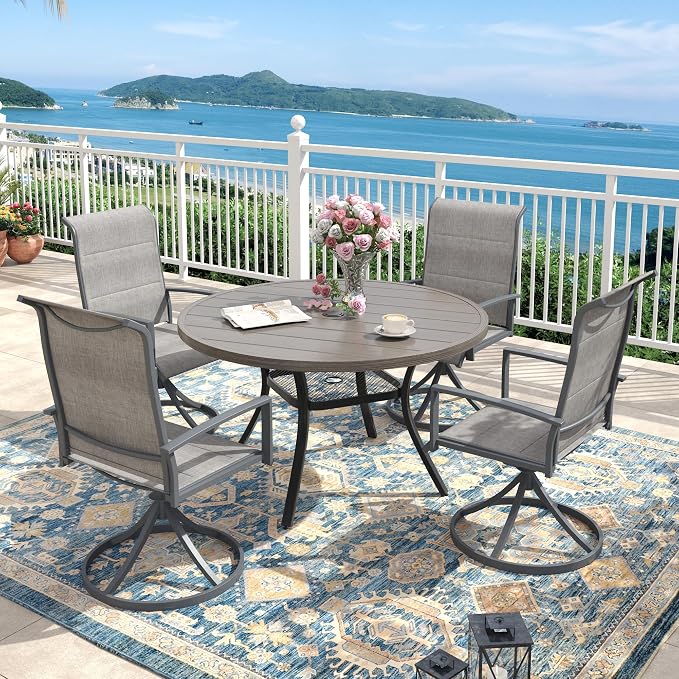 Outdoor Dining Set for 4, 40.6" Outdoor Dining Table with Umbrella Hole and Padded Textilene Patio Swivel Chairs, 5 Pieces Patio Table and Chairs Set for Garden Backyard, Grey