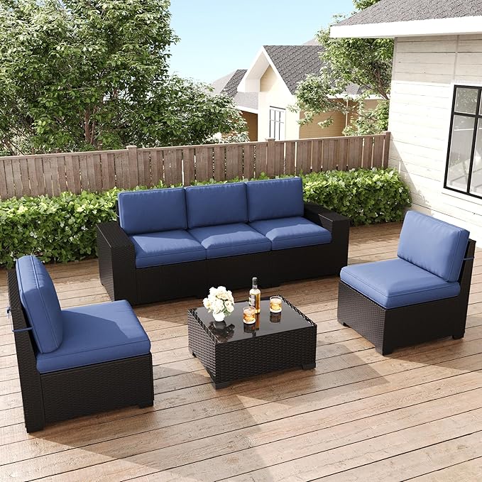 LayinSun 6 Pieces Patio Furniture Set, Black Rattan Modular Sectional Outdoor Conversation Sofa Set