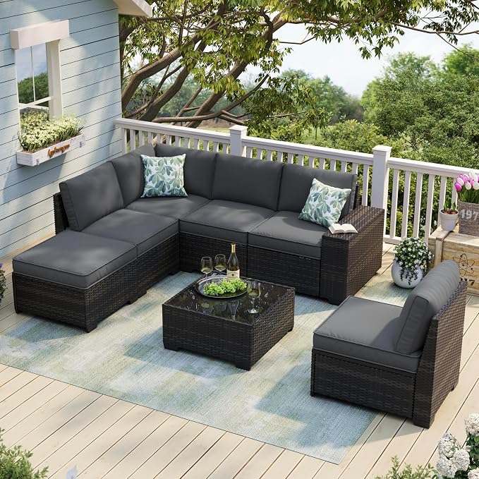 JOYURE 7 Pieces Patio Furniture Set, Outdoor Sofa with Waterproof Cushions, Rattan L Shaped Patio Couch & Coffee Table, Modern Outdoor Furniture for Backyard, Deck, Balcony – Grey