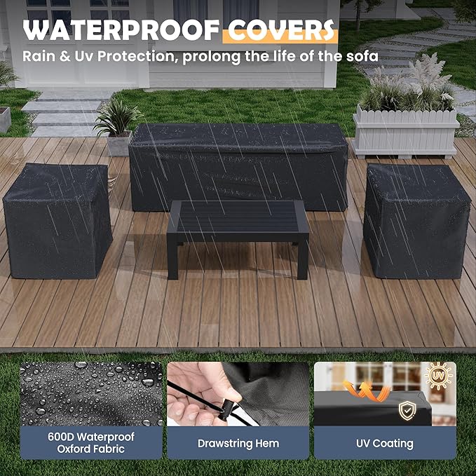 Amopatio Aluminum Patio Furniture, 6 Pieces Metal Outdoor Furniture Set, Outdoor Sectional Modern Sofa Sets with Coffee Table for Pool, Garden, Dark Grey&Blue (Included Waterproof Covers)