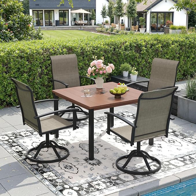 DIFY 5 Pieces Outdoor Dining Set, Metal Patio Table and Chairs Set for 4 with Umbrella Hole, 40.2" Walnut Square Table and Brown Textilene Swivel Patio Chairs for Garden, Backyard, Poolside
