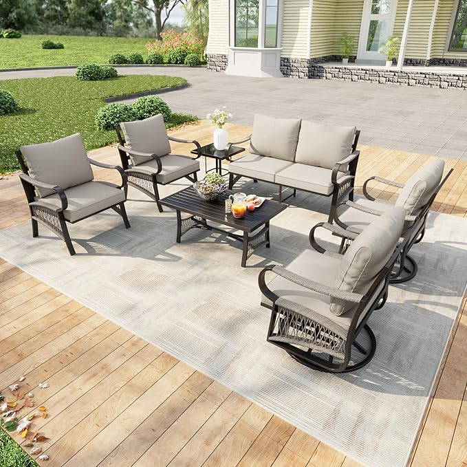 7 Pieces Patio Furniture Set, Metal Outdoor Conversation Sets with Swivel Chairs, Modern Couch Sofa Seating Group with Coffee Table and Side Table (Thick Beige Cushions)
