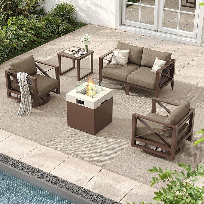 MBY Aluminum Patio Furniture Set with Fire Pit Table, 6-Piece All-Weather Outdoor Conversation Set with Swivel Rocking Chairs, Oversized Modern Sofa for Backyard, Deck, Balcony-Brown