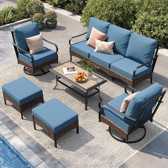 PHI VILLA Patio Furniture Set, Upgraded Wicker & Metal Modern Outdoor Conversation Sets Patio Sectional Swivel Chair Set with Coffee Table & Waterproof Thick Cushions for Porch, Deck(6 Pieces, Navy)
