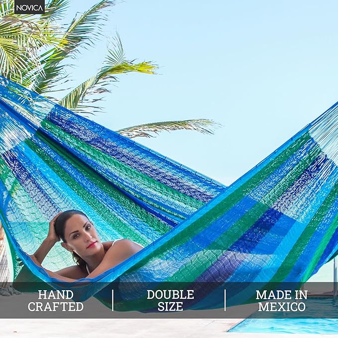 NOVICA Artisan Handmade Hammock Double Mayan Rope Style Nylon in Mexico Blue Striped Beach Bonfire [Bed Size 78in L x 78in W Total Length 158in L] ' Sea Breeze' Double