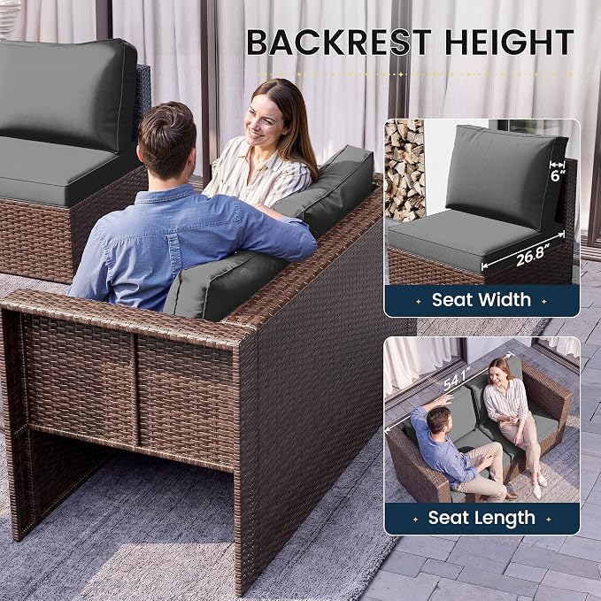 Amopatio Patio Furniture Set,All-Weather Wicker Outdoor Conversation Set with Glass Coffee Table, Cushions & Ottomans for Deck Backyard Porch Lawn Brown/Grey