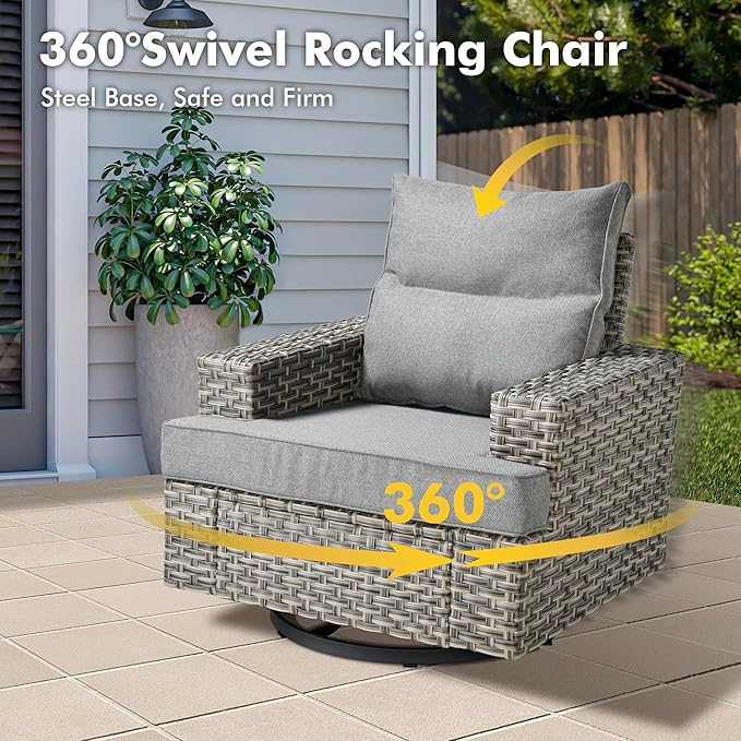 Weaxty 9 Pieces Patio Furniture Set, Outdoor Sectional Furniture Sofa Set w/Swivel Rocking Chairs Coffee Table, PE Wicker Modular Couch Conversation Set for Backyard Garden,Dark Gray