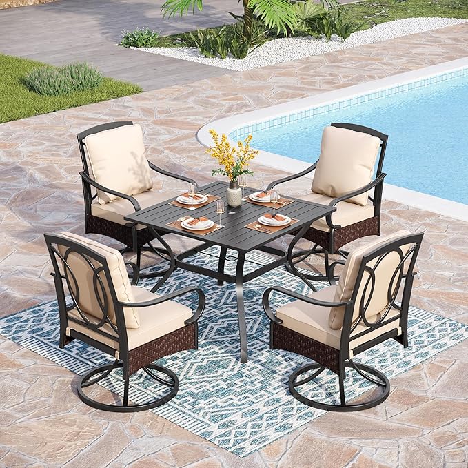 PHI VILLA 5-Piece Outdoor Dining Sets, All-Weather Patio Table and Chairs Set for 4, Heavy Duty Patio Table Set Square for Deck, 4 Extra Large Outdoor Metal Wicker Dining Chairs with Thick Cushions