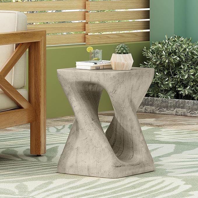Faux Concrete Side Table Outdoor Faux Stone End Table, Round Outdoor Accent Table, Garden Stool Plant Stand for Porch, Backyard - Grey