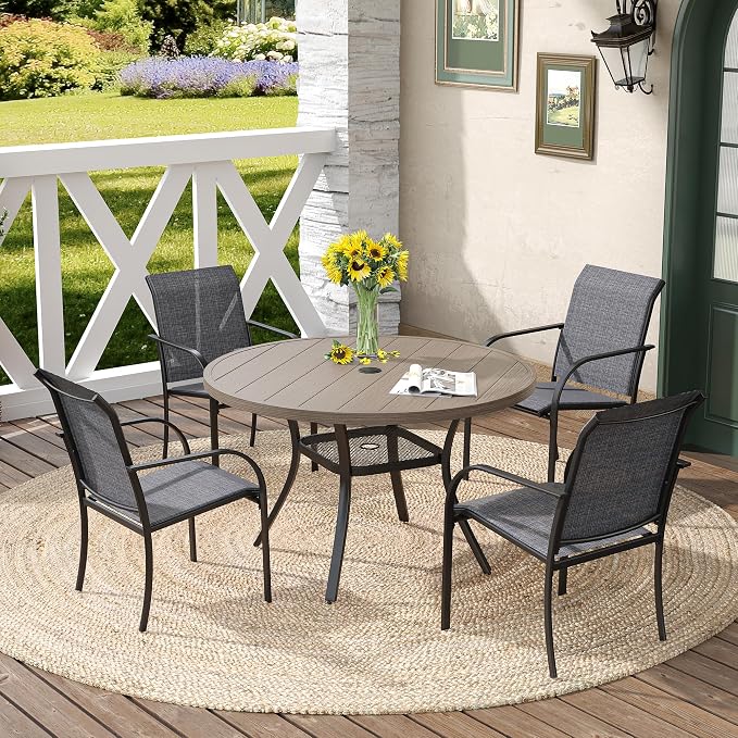 DIFY Patio Round Dining Table, 42" All Weather Round Outdoor Table with 1.57" Umbrella Hole for 4 Person, Perfect for Balcony Garden and Backyard, Grey Wood-Like