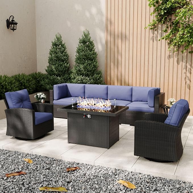 Patio Furniture Set with Fire Pit Table, 9 Pieces Outdoor All-Weather Wicker Conversation Sectional Chair Sofa Set with 2 Swivel Chairs