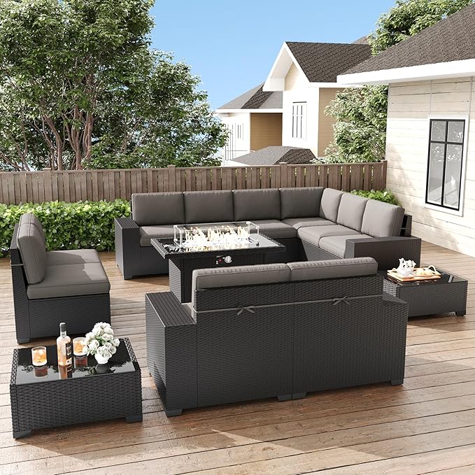 LayinSun 13 Pieces Patio Furniture Set with Fire Pit Table, Black Rattan Modular Sectional Patio Conversation Sofa Set