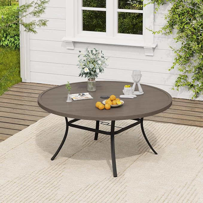 VICLLAX Patio Dining Set, 53" Grey Table & 6 Chairs with Grey Cushion | Outdoor Table and Chairs Set of Round Metal Patio Table, Outdoor Dining Chairs with Metal Frame, Garden Deck Porch