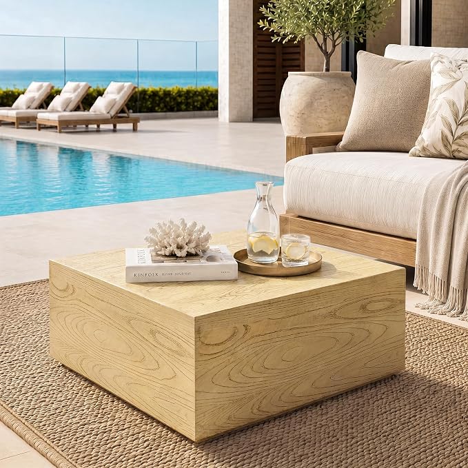 UPHA 28" Square Outdoor Coffee Table, Modern Hollow Concrete Patio Table, Small Minimalist Low Accent Table for Living Room, Balcony, Deck, Backyard, Natural Wood Finish