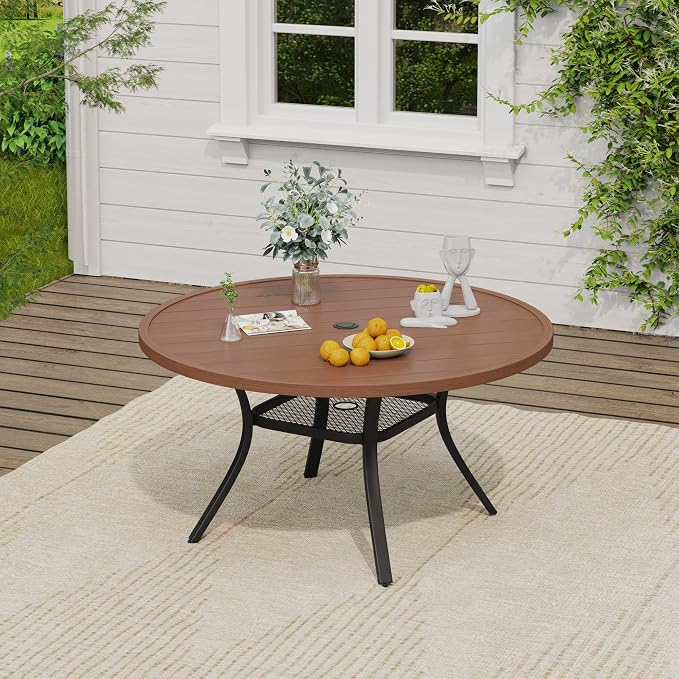 VICLLAX 7 Pieces Patio Dining Set, 6 Stakable Wicker Outdoor Chairs and 47" Patio Round Metal Table with Umbrella Hole for Backyard Lawn Deck, Walnut Tabletop