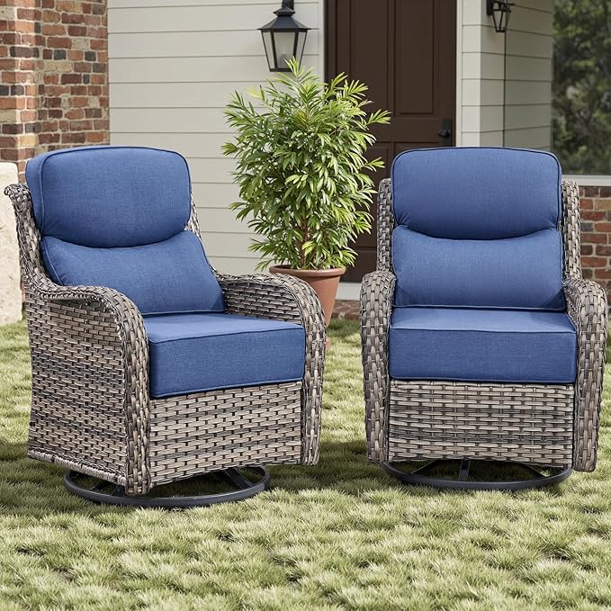 Rilyson Outdoor Swivel Rocker Chairs - All Weather Resistant Wicker Patio Furniture Set of 2 with High Back and 6 inch Thick Cushions for Deck Porch Yard and Poolside, Mixed Grey/Blue