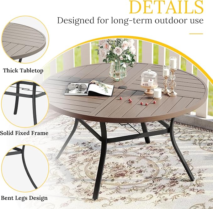 VICLLAX Round Patio Table with Adjustable Umbrella Hole for 6, All Weather Metal Outdoor Dining Table for Lawn Garden, 50" Outdoor Coffee Table, Grey Wood-Like Tabletop