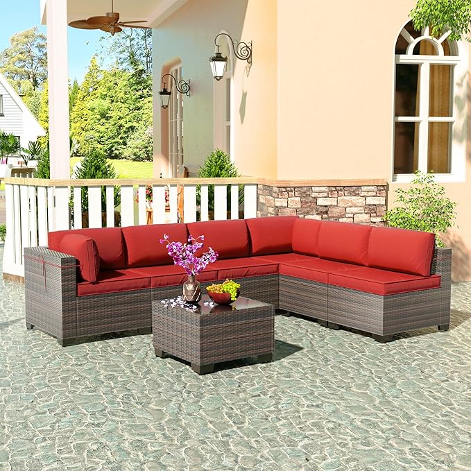 7 Pieces Outdoor Patio Furniture Sets,Wicker Conversation Set Sectional Sofa,Includes 6 All-Weather High Back PE Rattan Seating Components w/Thickened Cushions&Coffee Table,Red