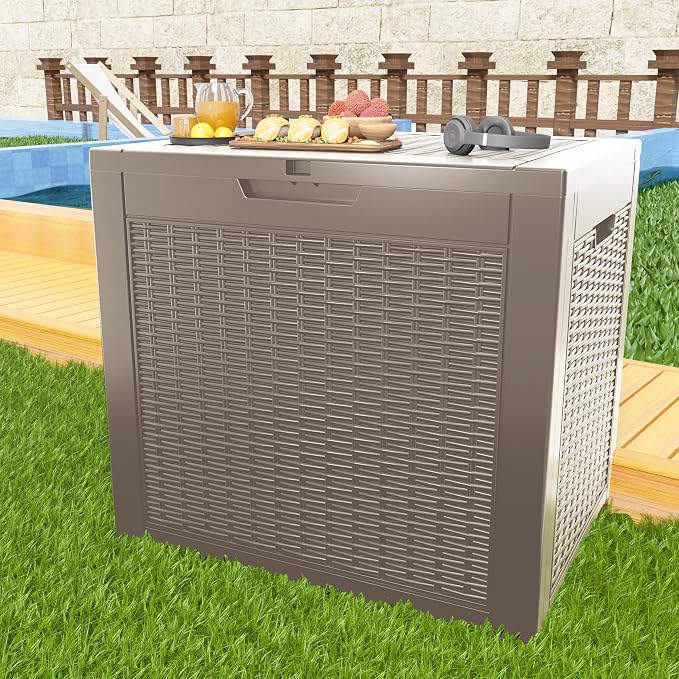 PatioZen 36 Gallon Outdoor Deck Box,Waterproof Resin Outdoor Storage Boxes, Outside Storage Lockable Container for Garden Tools,Indooor Cushions,Accessories (Grey)