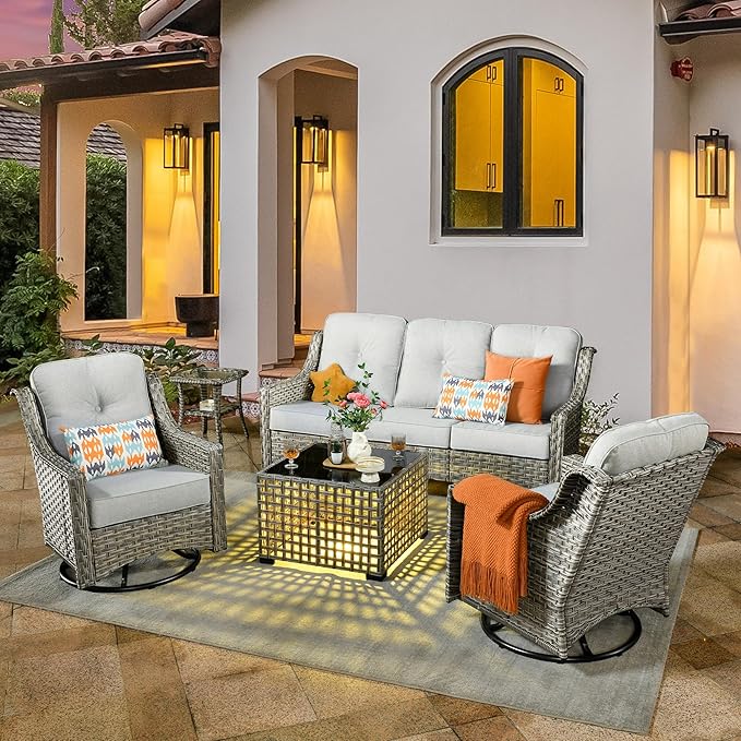 Patio Conversation Set,5 Pieces Wicker Patio Furnitures with Swivel Chair and Coffee Table,All Weather Patio Furniture Set for Garden,Backyard,Poolside and Patio,Grey