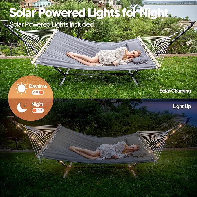 SUNCREAT Double Hammock with 12 ft Stand, Solar Powered Lights Included, Outdoor Hammock for Outside, Dark Gray