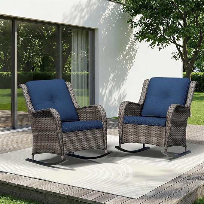 Patio Rocking Chairs Set of 2, Outdoor Wicker Patio Furniture Set 2 Pieces with Thickened Olefin Cushions, High Back and Deep Seating, Hand-Woven PE Rattan for Porch, Deck, Blue