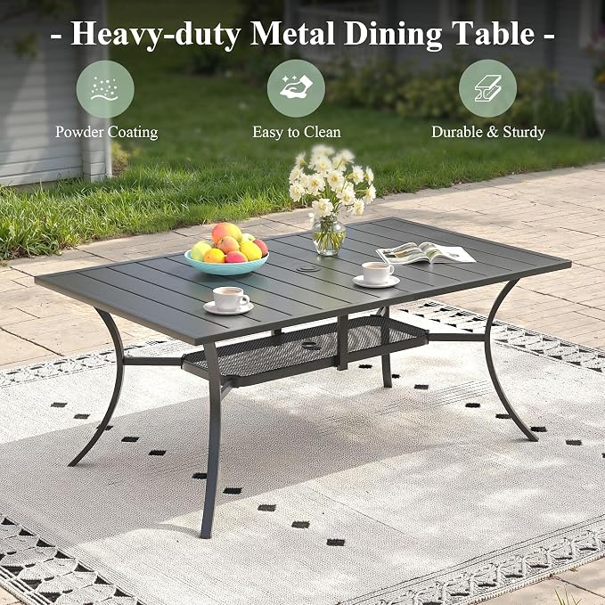 7 Pieces Outdoor Dining Set, Stackable Textilene Patio Chairs & 59.2" Rectangle Dining Table with Umbrella Hole and Shelf, Patio Dining Set for Backyard, Deck, Garden, Grey & Black